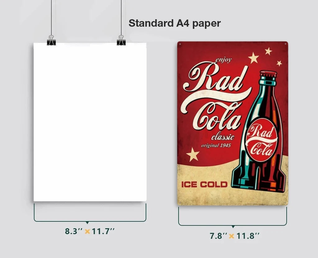 A vintage red metal wall sign featuring a bottle of Rad Cola and the text enjoy Rad Cola classic original 1945