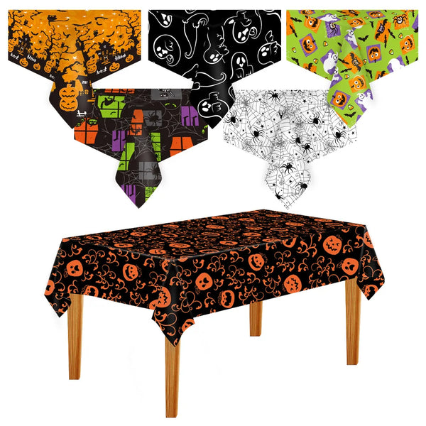 Halloween tablecloth featuring a pattern of pumpkins, spider webs, and bats.