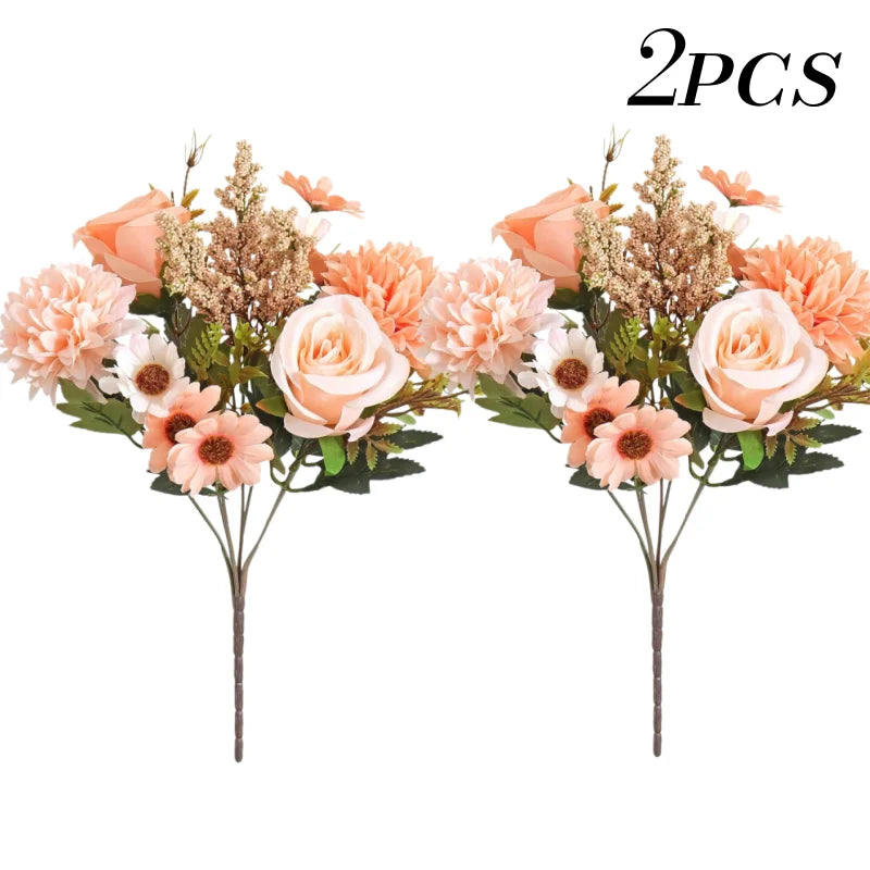 Two bouquets of artificial silk roses and daisies with dried filler flowers