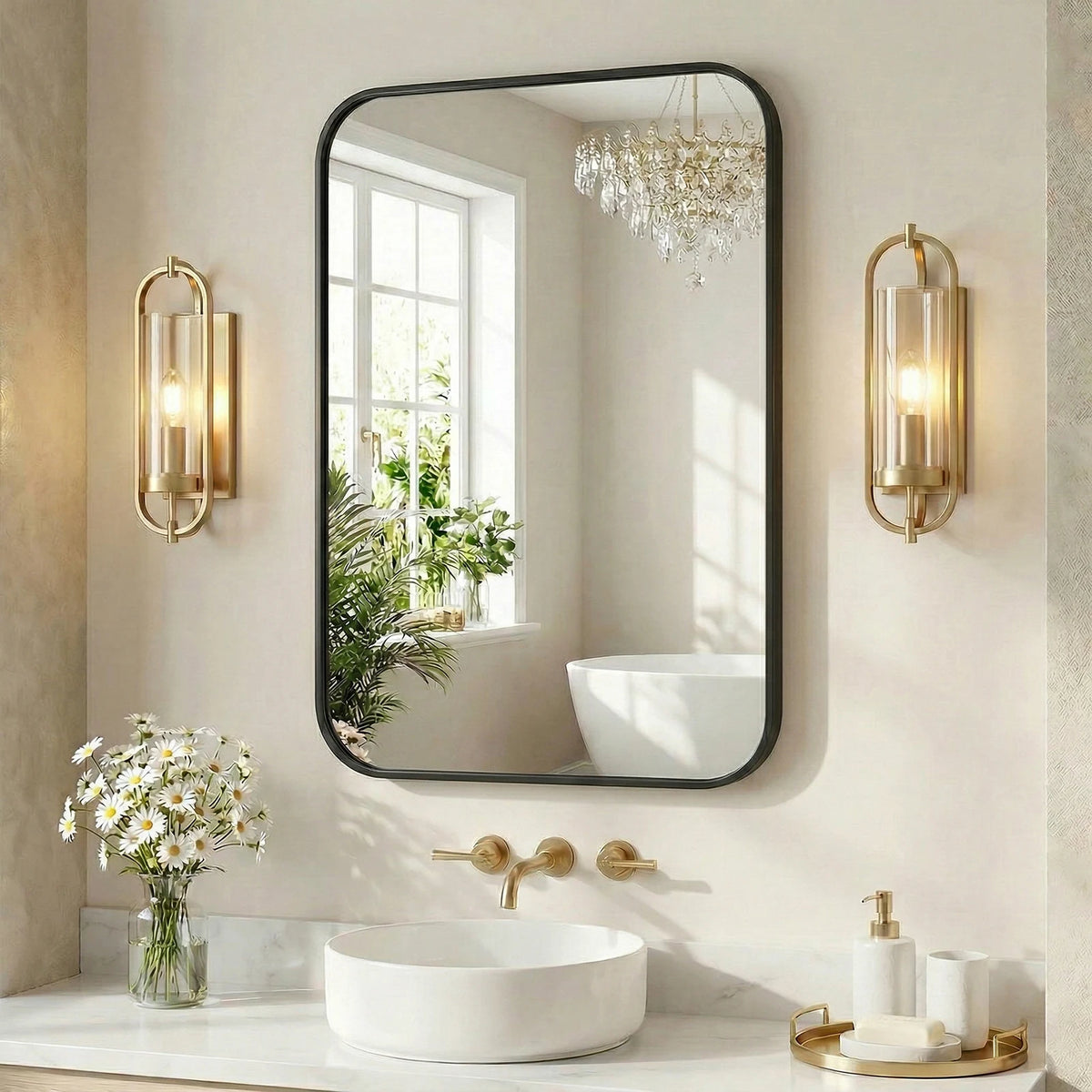 A modern wall mirror with a black metal frame reflects a window and features decorative gold-toned sconces.
