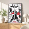 A poster featuring the title BLEACH in a stylized, dark graphic design.