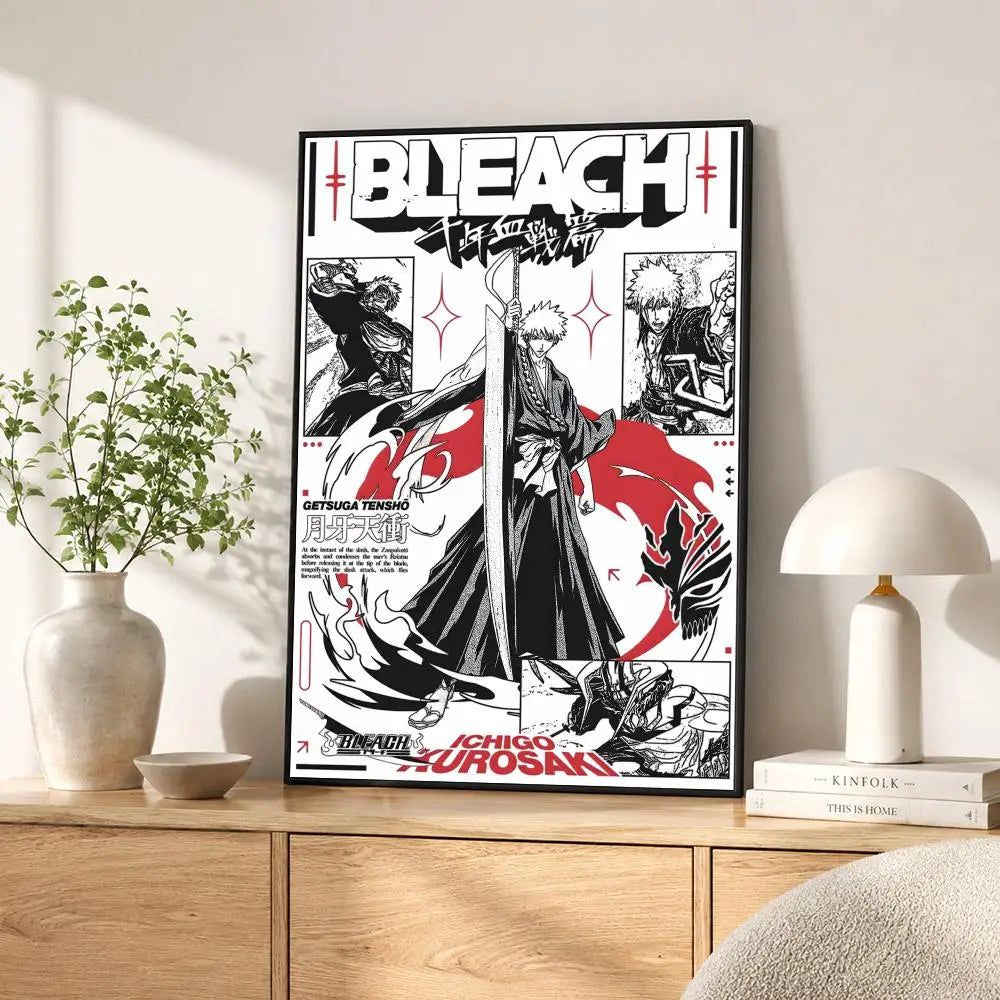 A poster featuring the title BLEACH in a stylized, dark graphic design.