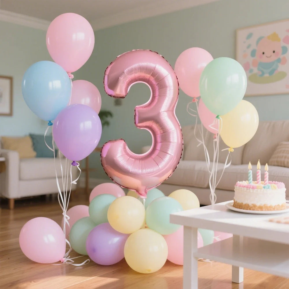 Un amas de ballons en papier alu rose et bleu clair formant le chiffre trois, décoré pour une célébration.