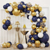A balloon garland arch featuring navy blue and gold balloons arranged in a vertical display.