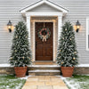 Two artificial cedar topiary trees in terracotta pots flank a wooden front door decorated with a wreath and string lights.