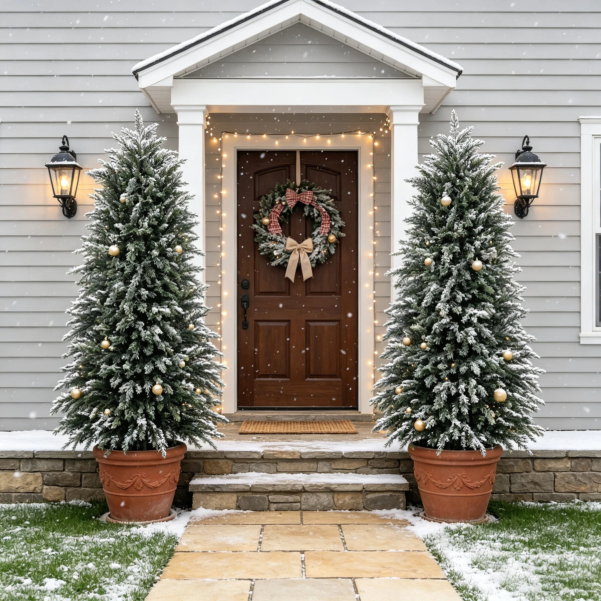 Two artificial cedar topiary trees in terracotta pots flank a wooden front door decorated with a wreath and string lights.