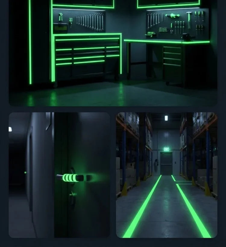 Plans intérieurs montrant un éclairage vert fluorescent utilisé pour les marquages de sécurité et la décoration sur les murs,