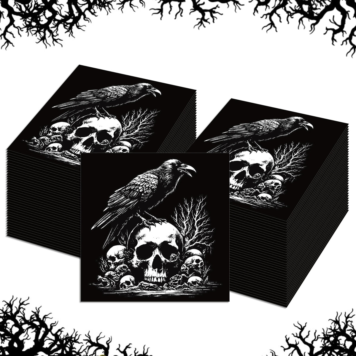 A set of black paper napkins featuring designs of skulls and spiders.