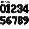 A set of black foil number balloons spelling out 0123456789, measuring 40 inches in length.