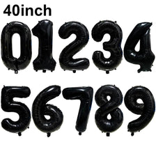 A set of black foil number balloons spelling out 0123456789, measuring 40 inches in length.