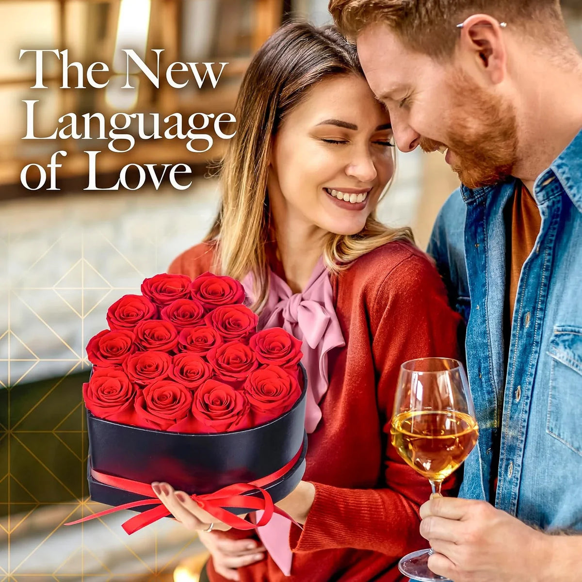 A couple embracing while a woman holds a bouquet of red roses in a black box.