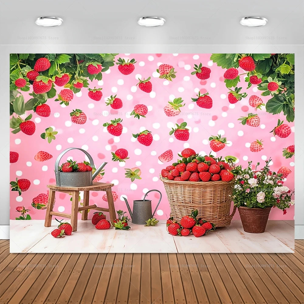 Rosa Erdbeermotiv-Hintergrund mit frischen Erdbeeren, Grün und Dekorationen.