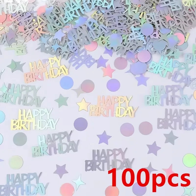 A shower of holographic disco confetti in various pastel colors and shapes scattered across a light background.