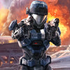A highly detailed painting of a futuristic armored warrior, resembling Master Chief, in blue and gray armor against an orange