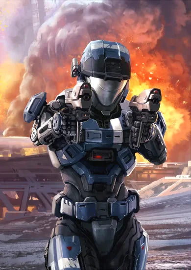 A highly detailed painting of a futuristic armored warrior, resembling Master Chief, in blue and gray armor against an orange