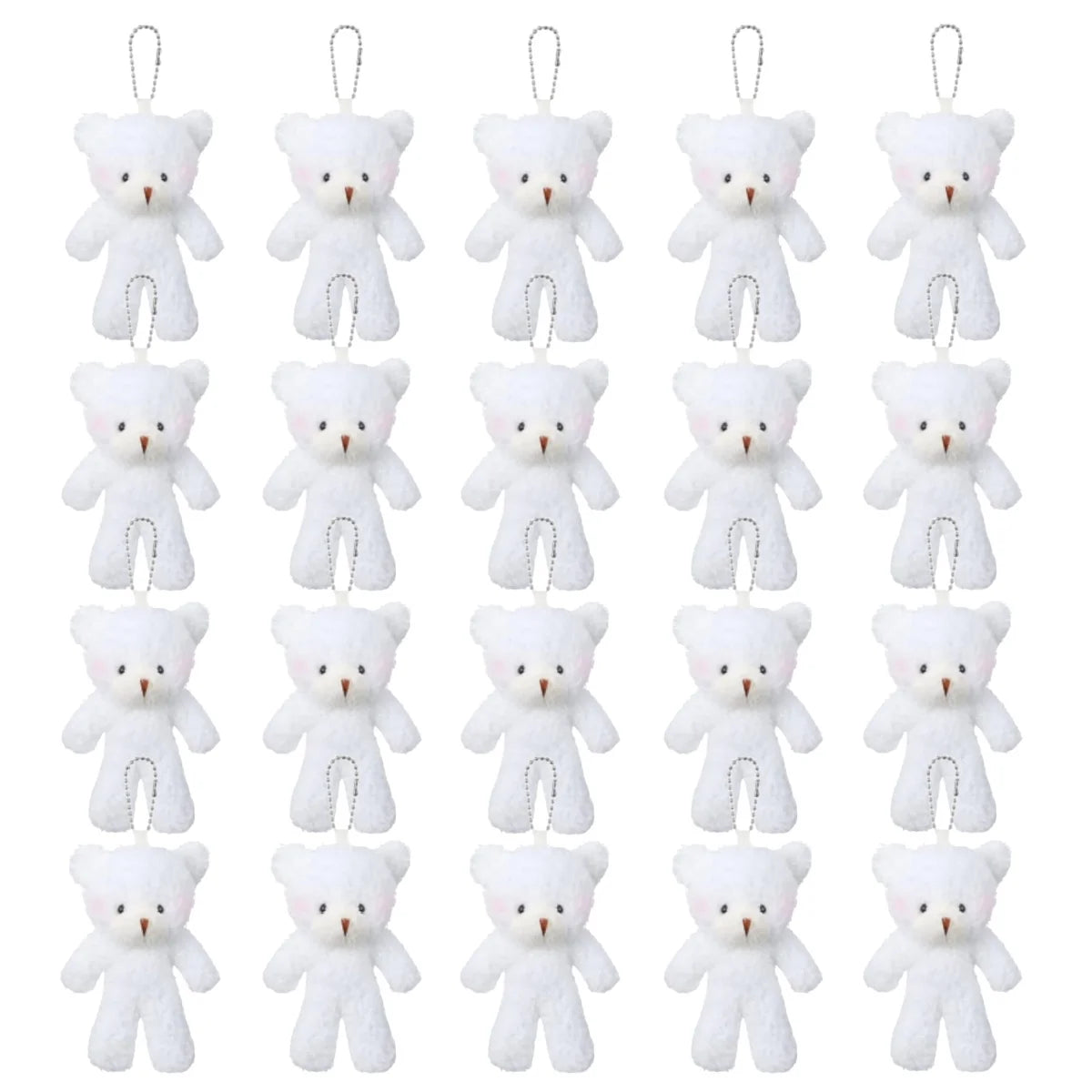 A set of mini plush teddy bear keychains in white.