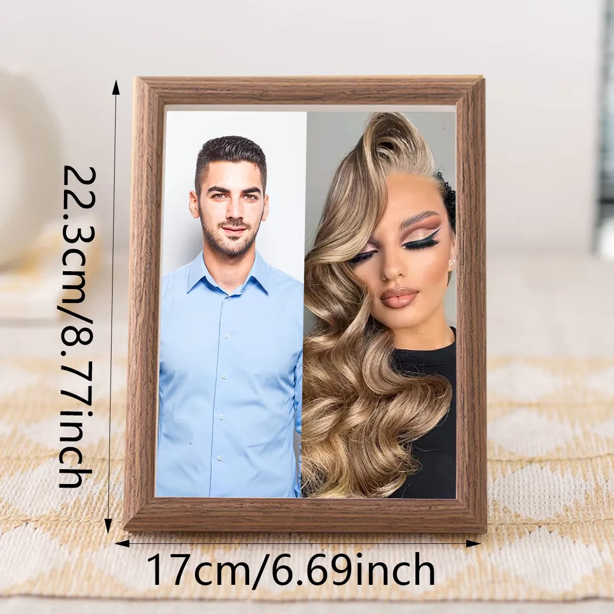 A wooden photo frame displaying a portrait of a man and a woman, showing the frame dimensions.