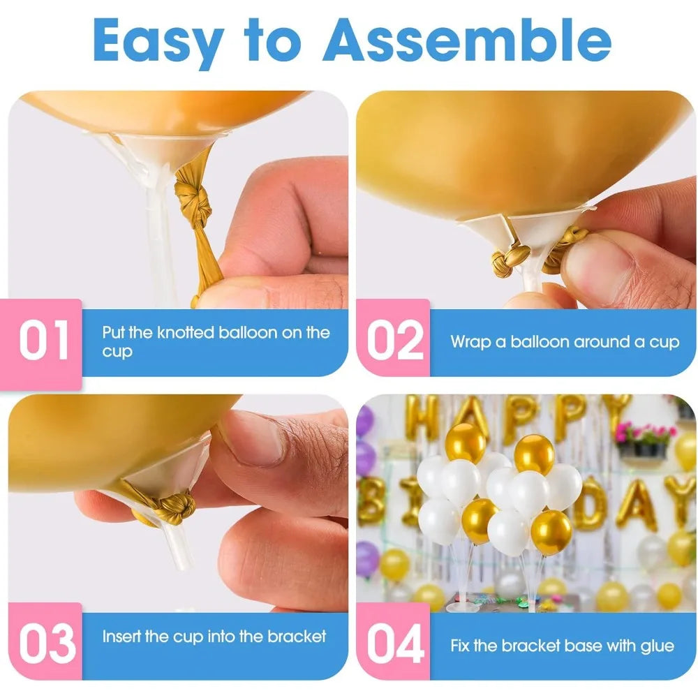 Instructions étape par étape pour assembler des supports de bâtons à ballons avec un ballon noué et une tasse.