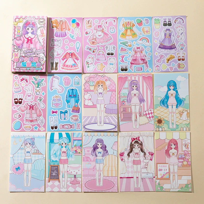 A colorful sticker book featuring various princess dresses and related items for children.