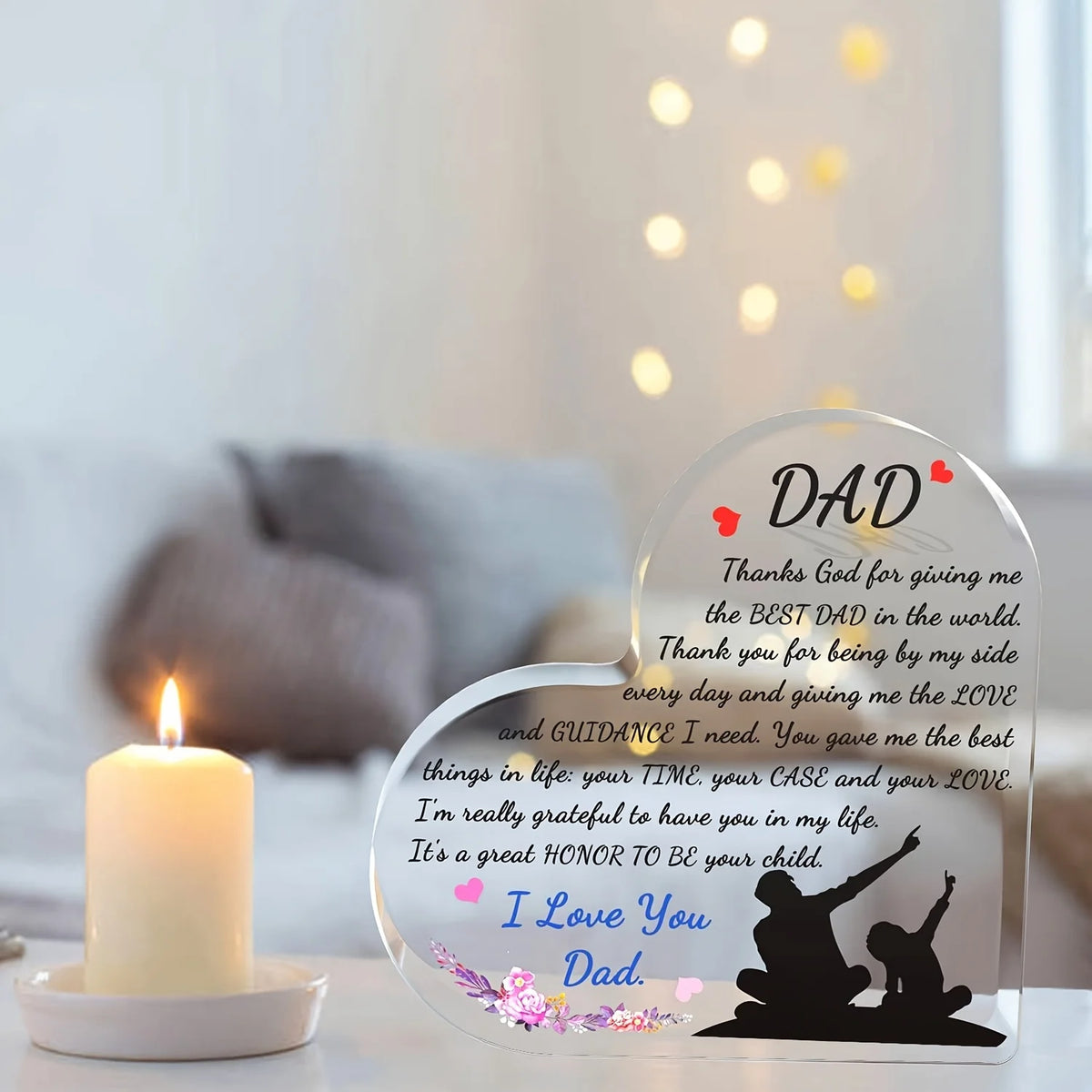 A clear glass engraved gift for Dad with a silhouette of a child and heartfelt thank you message