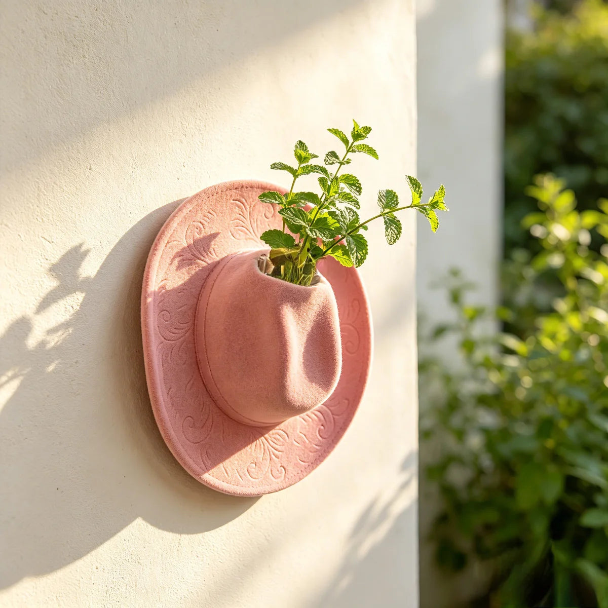 A pink ceramic cowboy hat wall vase with green foliage is mounted on a light-colored wall.