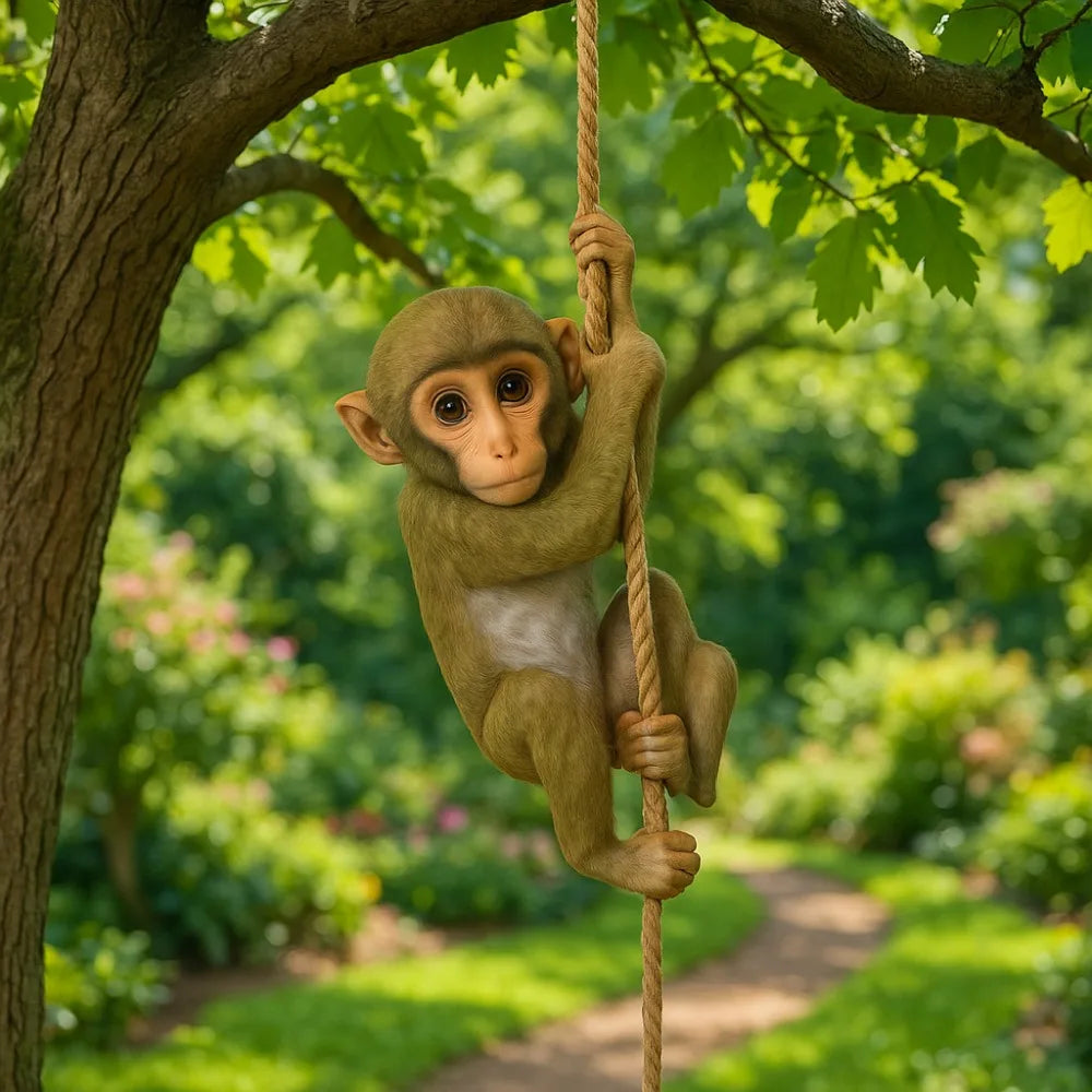 A small monkey figurine is hanging from a rope branch in a lush green garden setting.