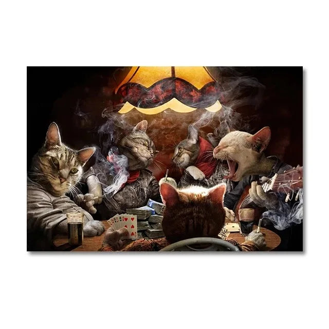 A dramatic painting of three cats playing poker under a glowing light fixture.