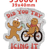 Silver glitter acrylic charms shaped like gingerbread men and icing are shown for DIY hair bows.