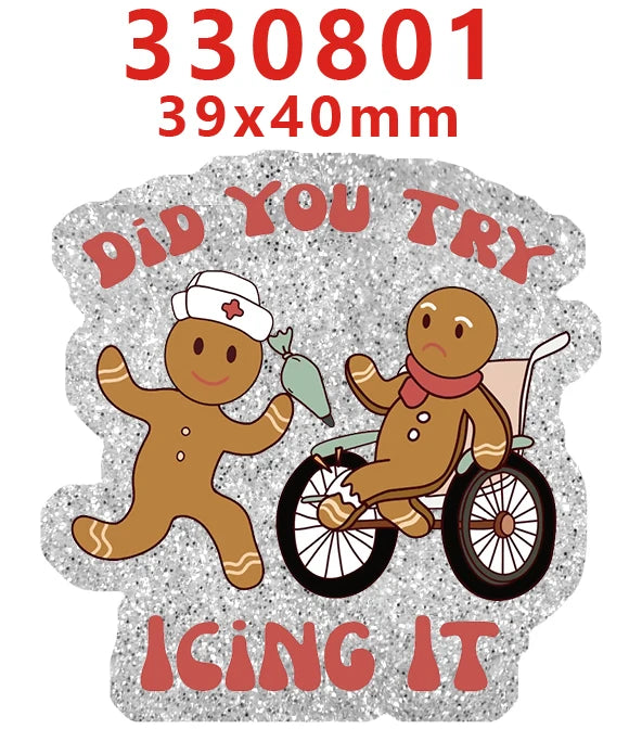 Silver glitter acrylic charms shaped like gingerbread men and icing are shown for DIY hair bows.