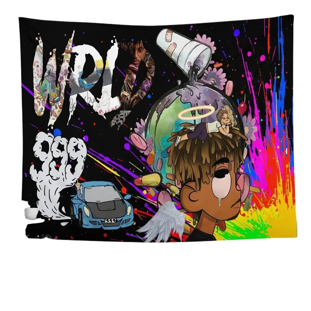 A vibrant piece of wall art featuring a stylized portrait of a person with purple and green accents, surrounded by colorful p