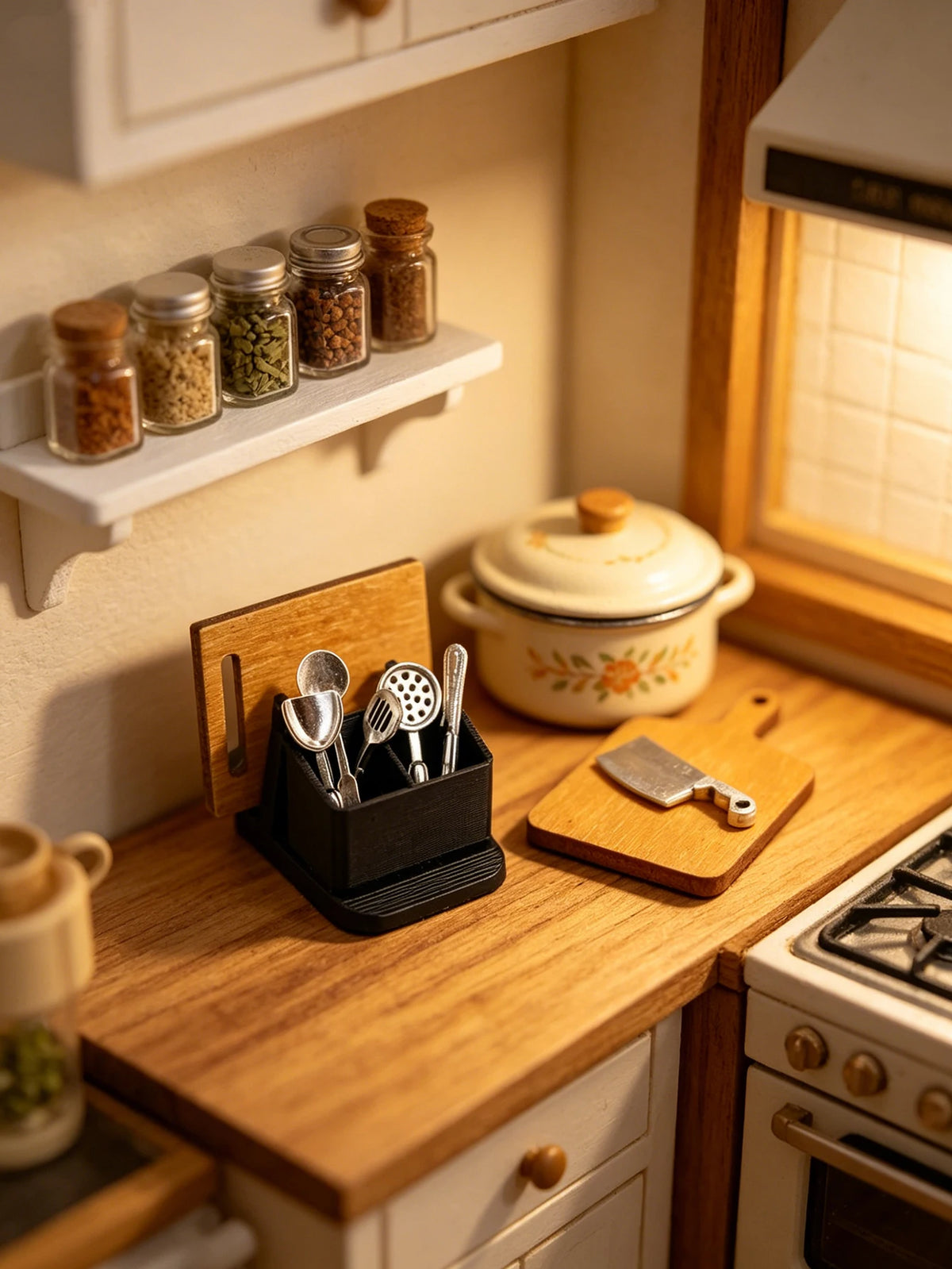 Miniature Dollhouse Kitchenware Set with Storage Rack