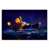 A dark battleship emerges from the sea at night with bright orange flames and water spray.