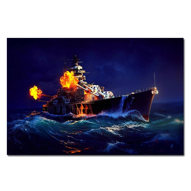 A dark battleship emerges from the sea at night with bright orange flames and water spray.