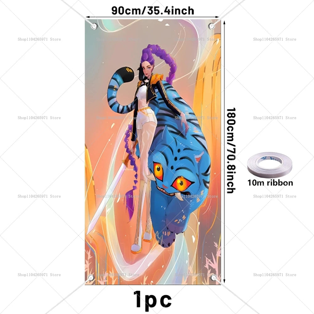 Anime demon hunter character in blue and purple attire standing against a vibrant background.