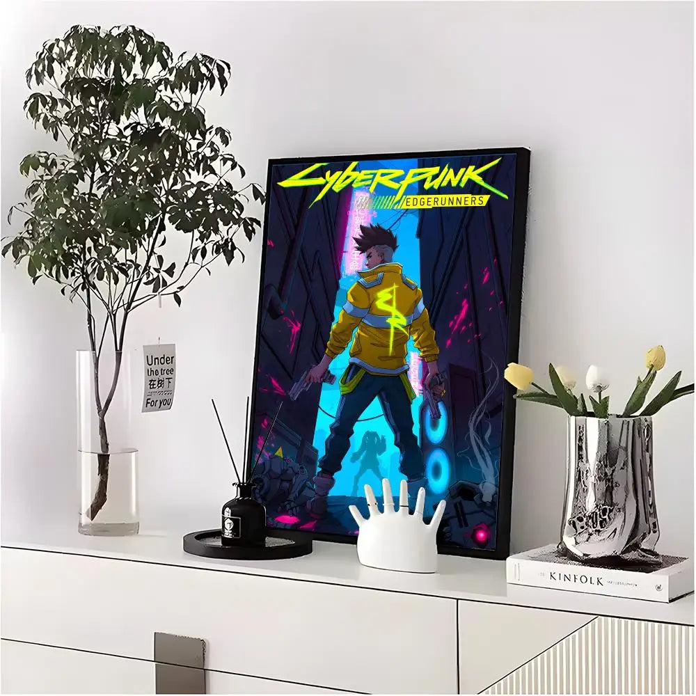 A framed poster of Cyberpunk Edgerunners featuring a character in yellow and dark clothing against a neon background.