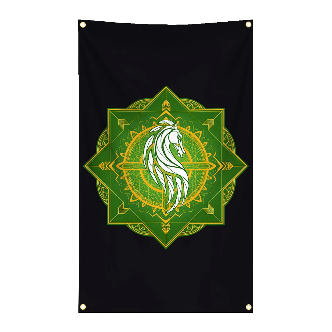 A dark green tapestry featuring a stylized white horse head design within a geometric frame.