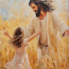 Oil painting depicting Jesus and a young child amidst golden wheat fields.