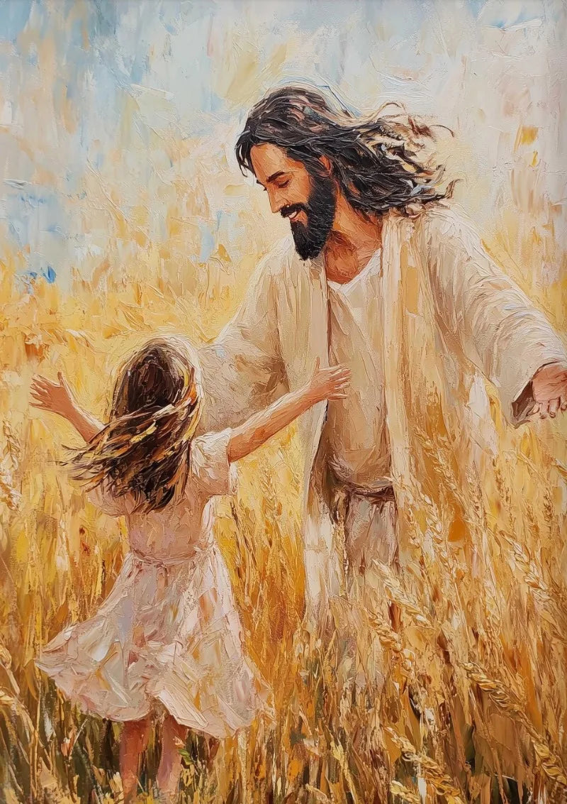 Oil painting depicting Jesus and a young child amidst golden wheat fields.