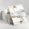 A stack of white marble effect self-adhesive wall stickers featuring gold veining on a white background.