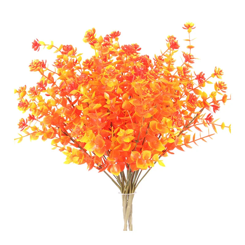 Bright orange artificial fall eucalyptus and flower stems for outdoor decor