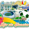 A colorful graphic featuring landmarks, a soccer ball, and the text Rio de Janeiro for a fridge magnet.