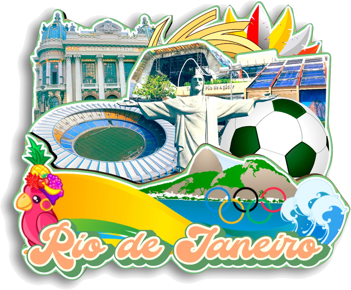 A colorful graphic featuring landmarks, a soccer ball, and the text Rio de Janeiro for a fridge magnet.