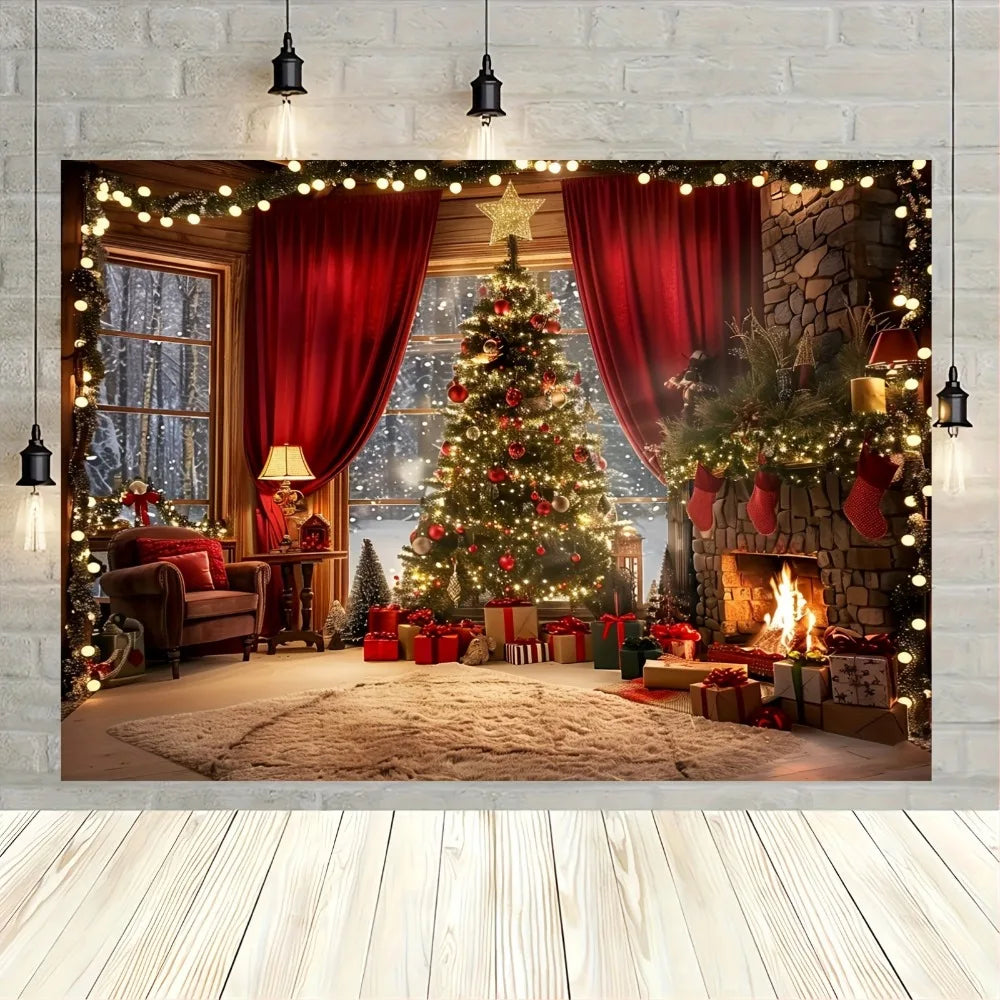 Festive Christmas tree decorated with lights and ornaments in a rustic fireplace backdrop.