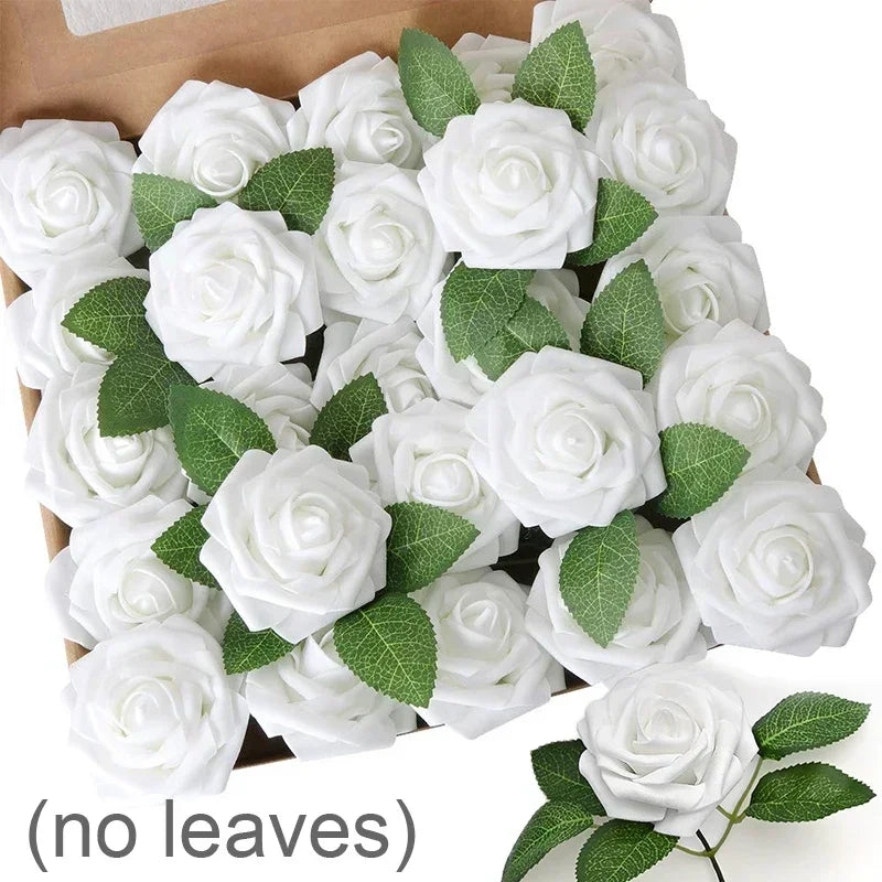 A box filled with white foam rose flower heads for weddings and DIY crafts, shown without leaves.