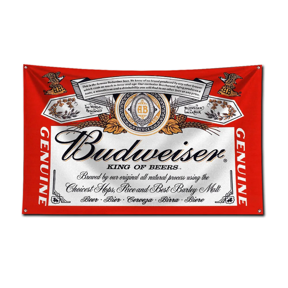 A red decorative flag featuring the Budweiser King of Beers logo and text.