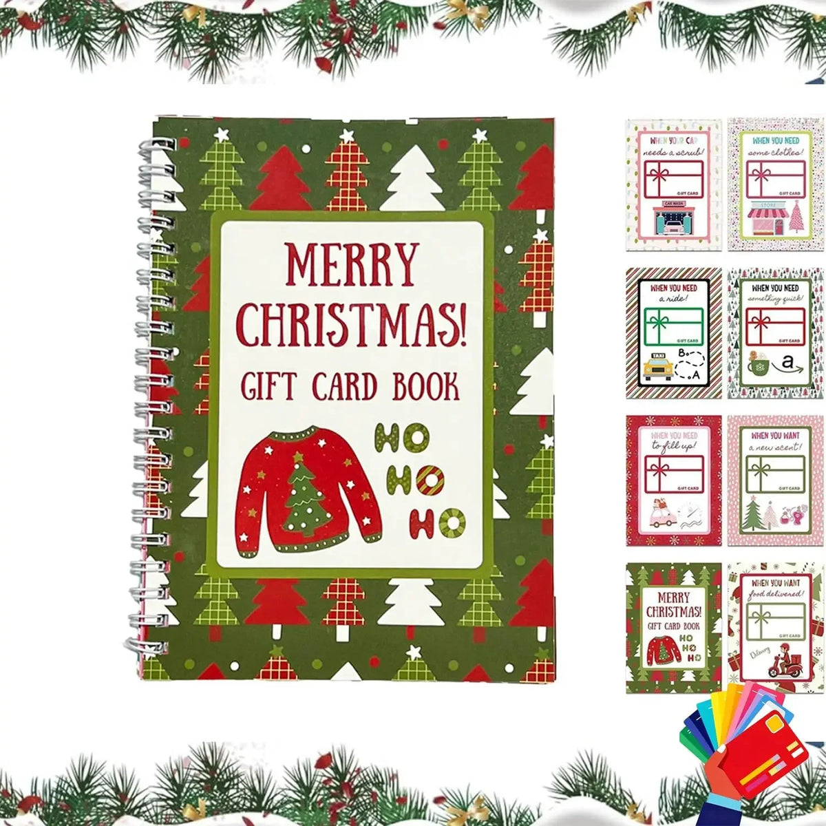 A spiral bound Christmas gift card book with festive green and red patterns and holiday designs.
