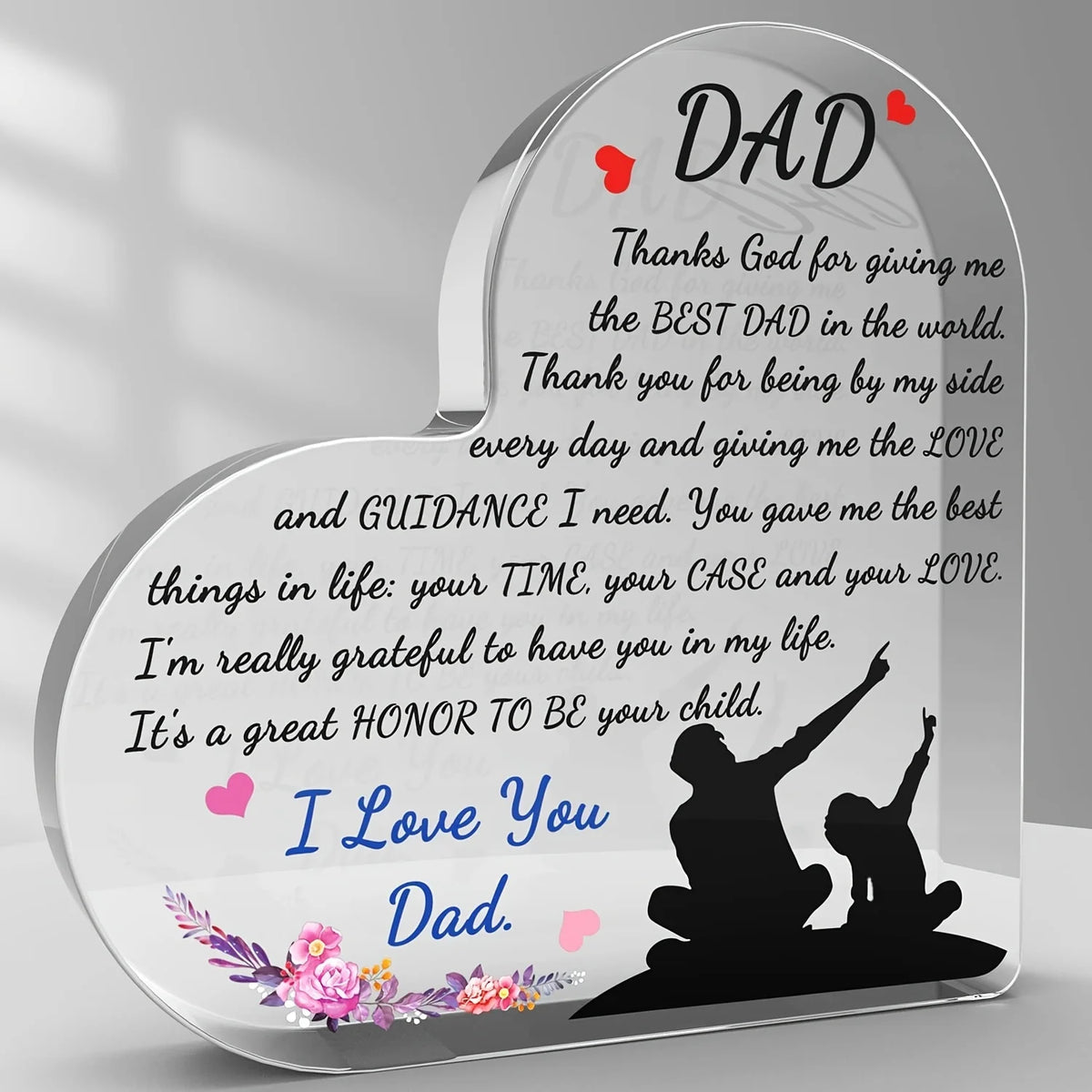 A clear heart-shaped glass engraved with a thank you message to a dad