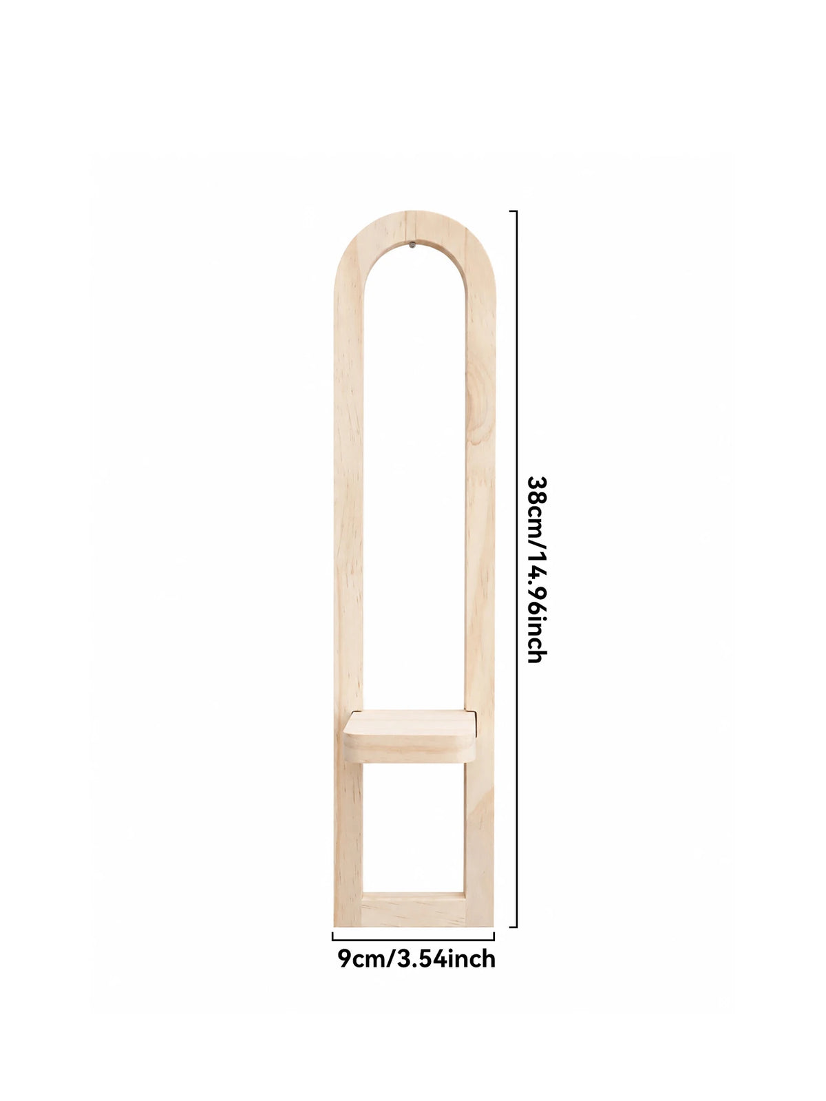 A vertical wooden wall shelf shaped like an arch with a rectangular shelf inside.