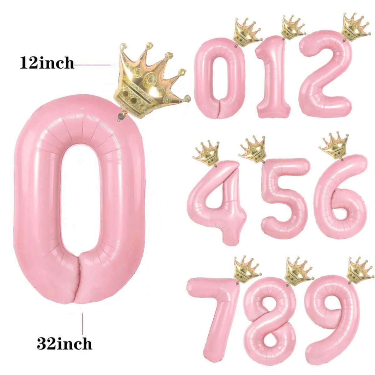 A set of pink aluminum foil crown number balloons spelling out 012456789 with a large zero and a thirty-two inch balloon.