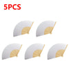 Five white bamboo folding fans displayed individually against a white background.